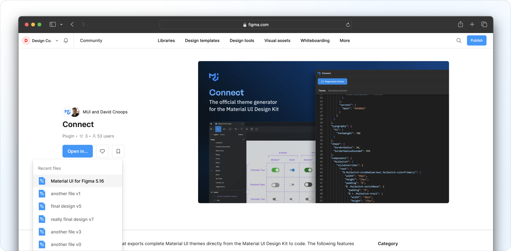 Accessing Connect via the Resources menu in Figma.